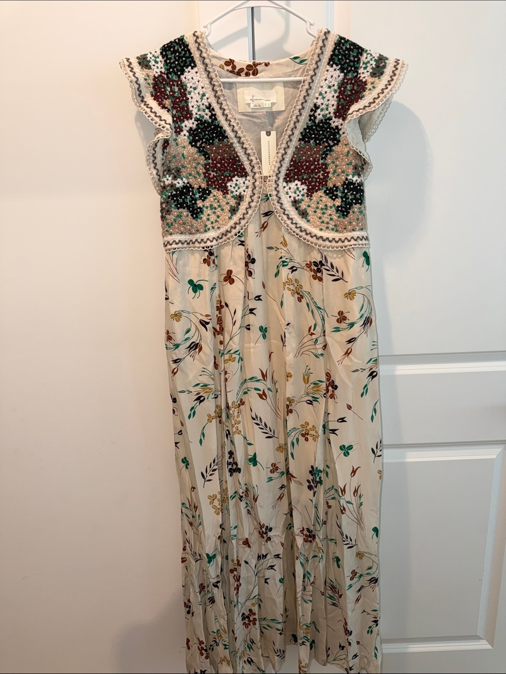 Anthropologie Floral Embroidered Maxi Dress - Cream, Green, Brown